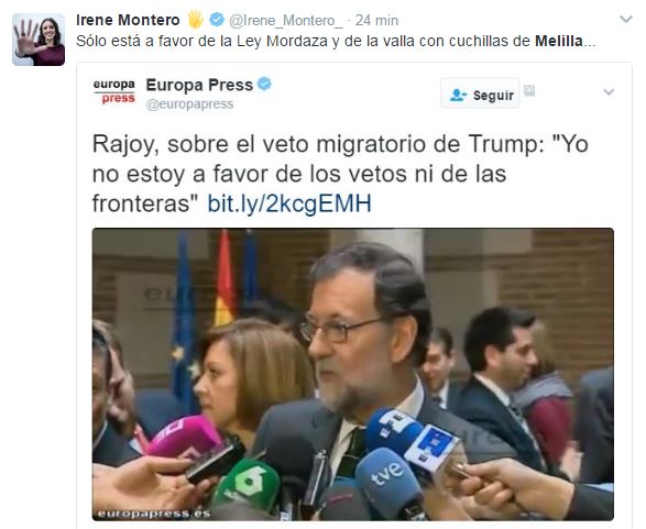 Irene Montero, portavoz adjunta de Podemos en el Congreso de los Diputados, lanzó este tuit de reproche