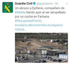 La Guardia Civil se solidarizó ayer en Twitter con el agente que sufrió el atropello