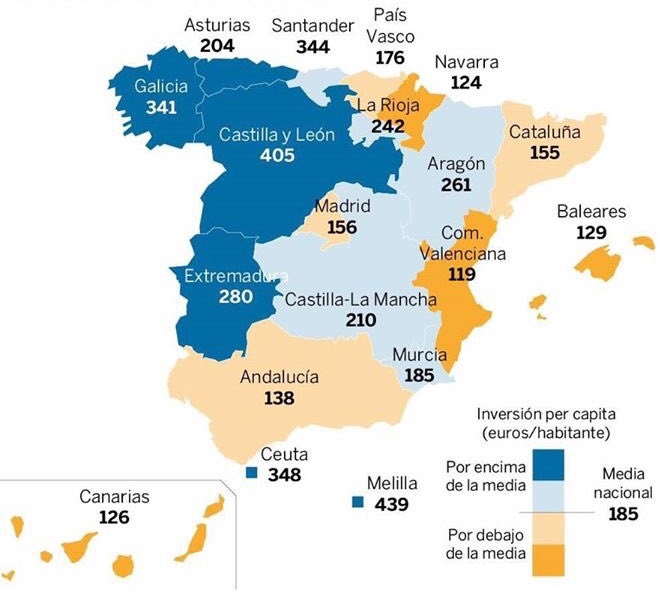 Inversión per cápita, en euros por habitante (El País)