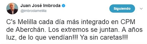 Tuit que publicó ayer el presidente de la Ciudad Autónoma, Juan José Imbroda
