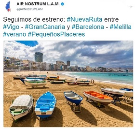 Tuit publicado ayer por Air Nostrum anunciando una de las nuevas rutas aéreas de Melilla