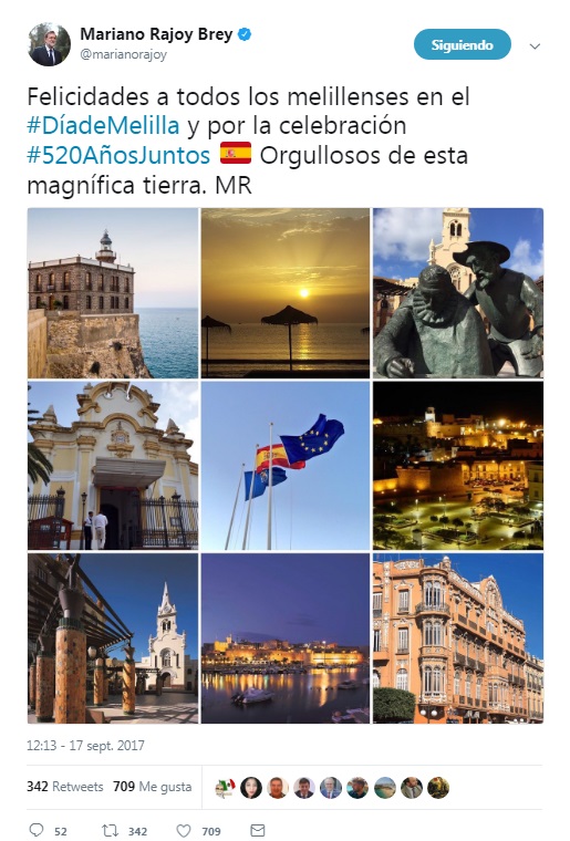El perfil oficial de Mariano Rajoy (PP) en Twiter publicaba esta frase y un collage de imágenes de Melilla
