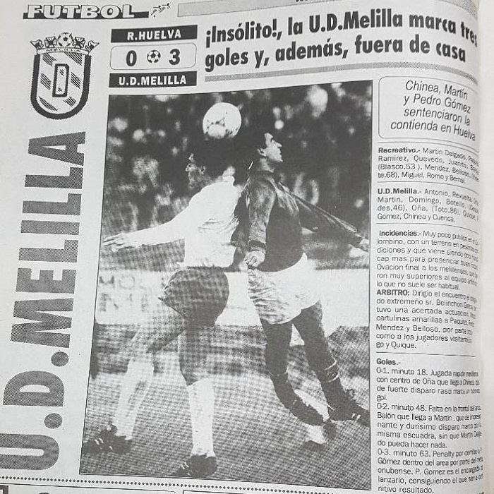Imagen del titular de la victoria de la U.D. Melilla en Huelva del 2 de mayo de 1993
