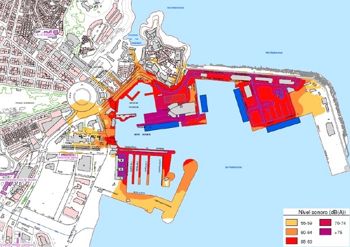 Mapa de niveles sonoros, período día, tarde, noche en las zonas próximas al Puerto de Melilla