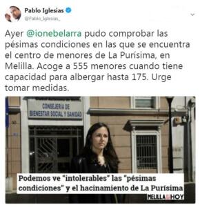 Tuit de Pablo Iglesias donde se hacía eco de la información publicada el pasado martes por MELILLA HOY