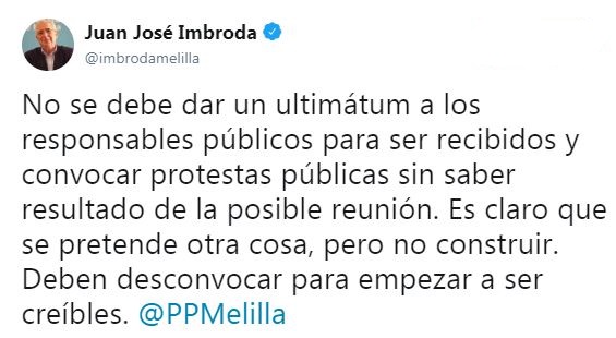 Comentario publicado en Twitter por el presidente de la Ciudad Autónoma, Juan José Imbroda