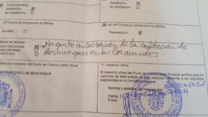 Documento del Punto de Control (PIF) publicado en Twitter por CPM el 16 de agosto de 2017, cuando no pudo pasar borregos