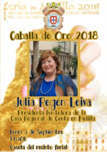 Hoy lunes recibirá el galardón "Caballa de Oro 2018" Julia Regén Leiva, Presidenta Fundadora de la Casa de Ceuta en Melilla