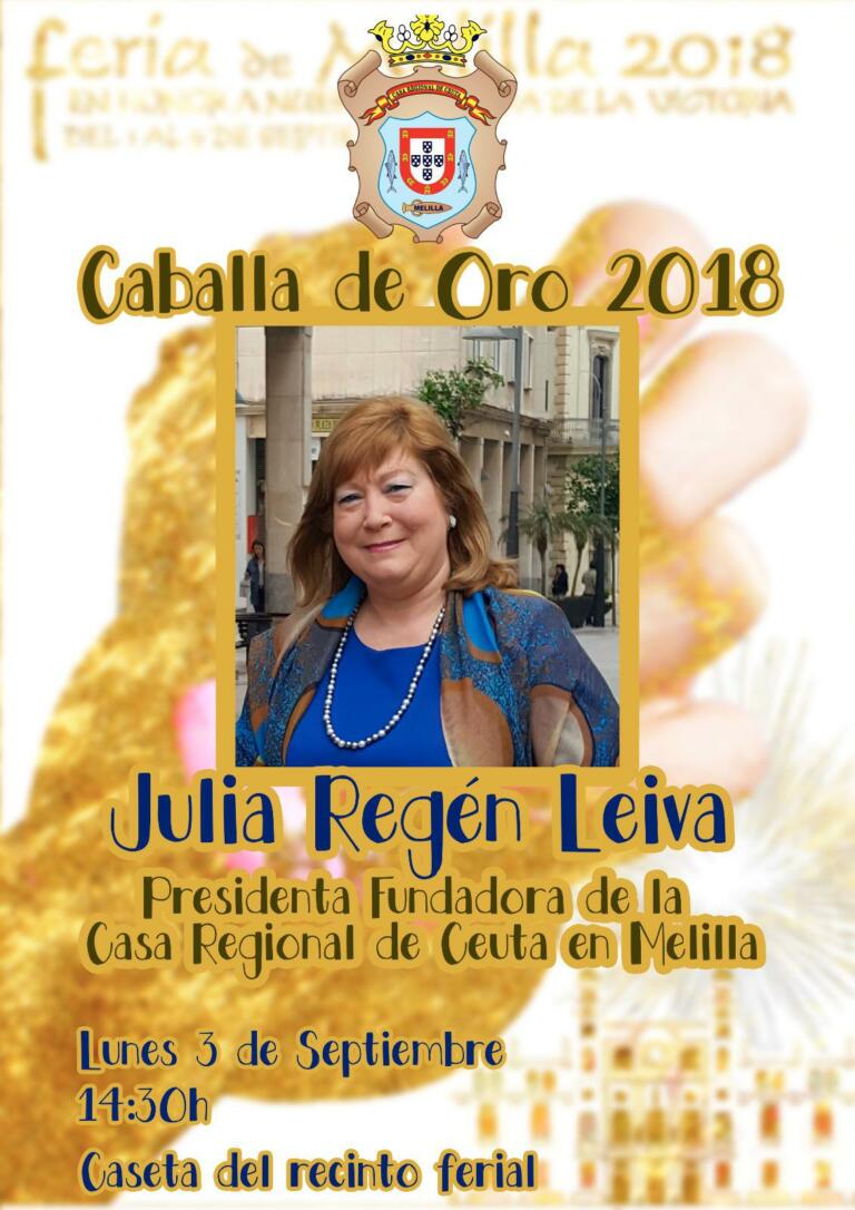 Hoy lunes recibirá el galardón "Caballa de Oro 2018" Julia Regén Leiva, Presidenta Fundadora de la Casa de Ceuta en Melilla