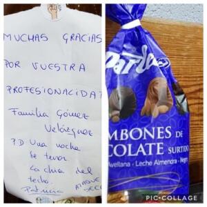 La nota de agradecimiento y los bombones que la melillense entregó a los Bomberos de Melilla