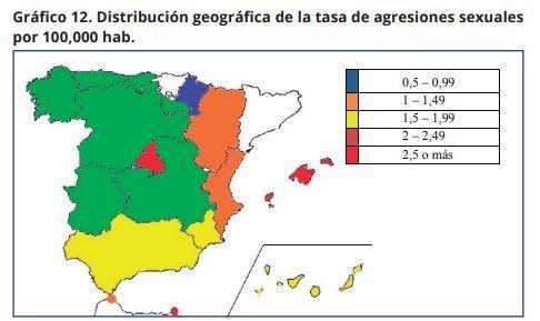 Distribución geográfica de la tasa de agresiones sexuales por 100,000 habitantes, según Interior