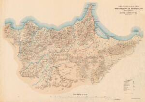 El plano detalla el medio físico de la zona oriental de Marruecos y sus principales poblaciones. Adjunta leyenda en la que se han añadido con signos alfabéticos y pictóricos el nombre de las diferentes cábilas, las posiciones militares, líneas de ferrocarril o santuarios, entre otros.