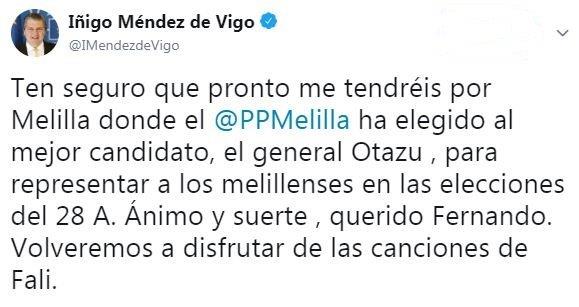 Tuit de Iñigo Méndez de Vigo alabando a Fernando Gutiérrez Díaz de Otazu. Ambos son amigos personales