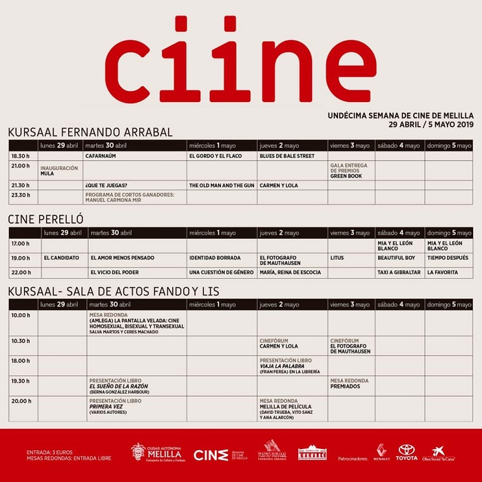 Programa de las distintas actividades de la Semana de Cine de Melilla, que empieza este lunes y acaba el próximo domingo, 5 de mayo