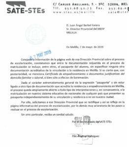 Escrito que dirigió SATE al MEC el martes 7 de mayo