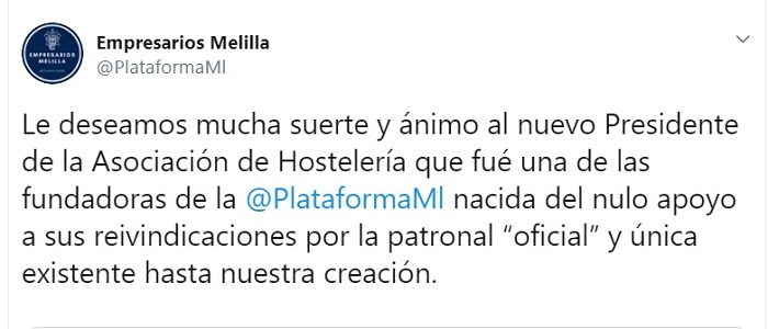 Imagen del tweet de la Plataforma de Empresarios de Melilla felicitando a Chakib Mohamed por su elección