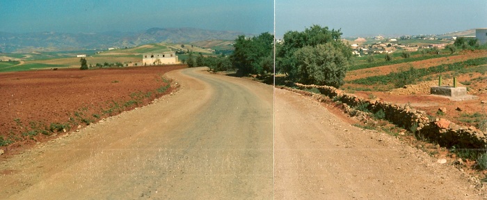 Camino de Annual. A la derecha, el brocal del pozo donde murió el coronel Morales. Primeras casas del poblado de Annual. Al fondo el monte Abarrán
