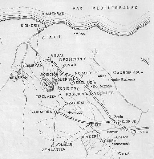 Plano de la línea de posiciones de Annual, donde ocurrieron los combates de julio de 1921, y situación de Monte Abarrán