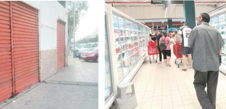 A la izquierda, un comercio sujeto al convenio local que está cerrado y a la derecha un supermercado que no está obligado a cerrar en Feria por estar sujeto a un convenio nacional