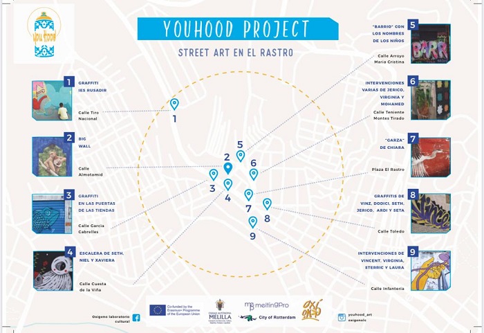 El mapa que se están repartiendo los puntos de información de Turismo y de la plaza de las Culturas con los murales del proyecto ‘Youhood’