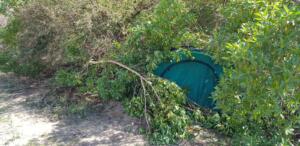 Se trata de una tienda de campaña con un hombre dormido, justo en el tee del hoyo 8, lo que da una idea de la escena que están presenciando los que acuden a la práctica de esta disciplina deportiva, con el consiguiente riesgo para esta persona, si una de las pelotas que están en juego, impactan en él.