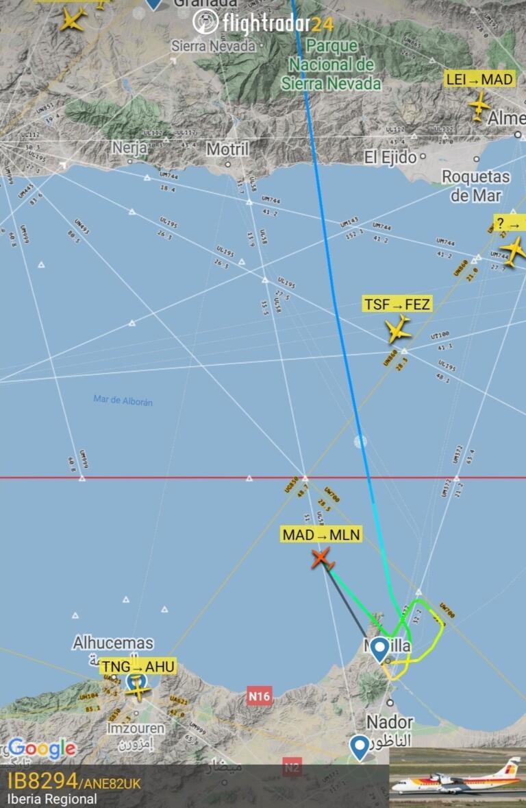 Imagen colgada por los controladores aéreos sobre la operación realizada por el piloto cuando intentaba aterrizar en Melilla y tuvo que dar la media vuelta por la niebla