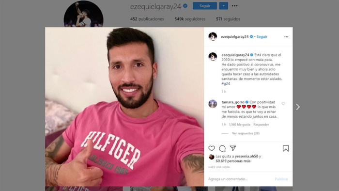 Ezequiel Garay comunicando que había dado positivo de coronavirus por su cuenta de Instagram