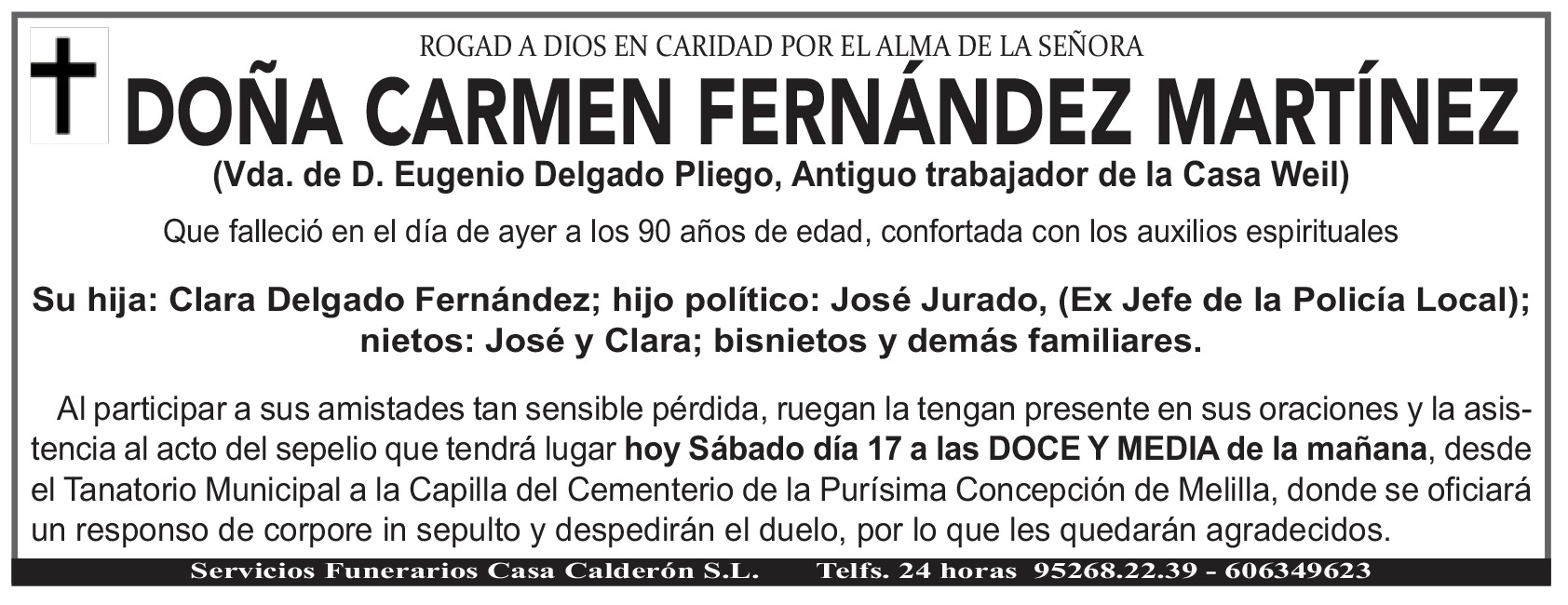 ESQUELA DE DOÑA CARMEN FERNÁNDEZ MARTÍNEZ (Vda. de D. Eugenio Delgado ...
