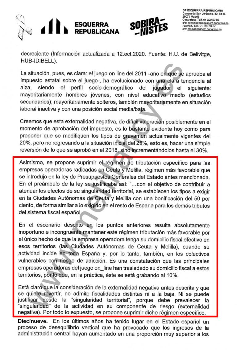 Parte de la enmienda de ERC en la que se refiere a Melilla y Ceuta