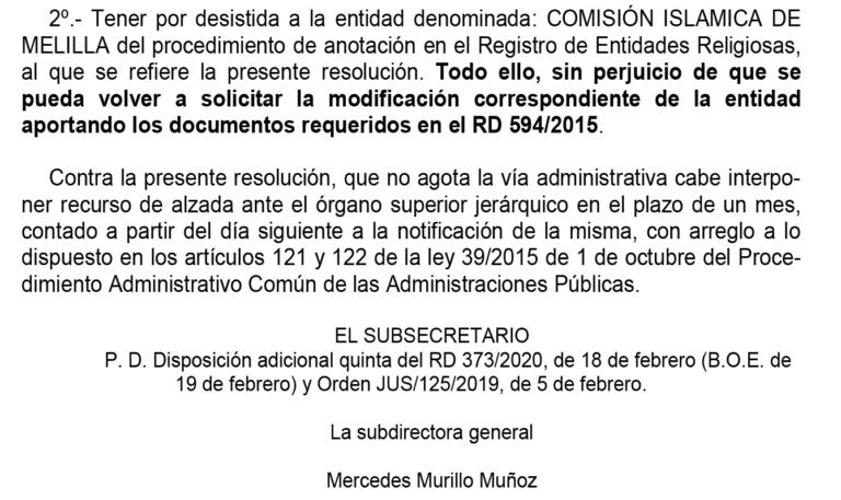 Moh ha adjunto la resolución ministerial en la que se rechaza la inscripción de la actual Ejecutiva de la CIM surgida de las elecciones de julio