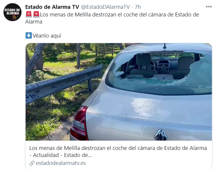 Este es el tuit que publicó “Estado de alarma” con el coche de su cámara de TV