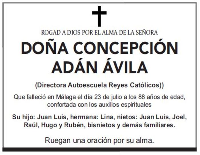 Esquela de LA SEÑORA DOÑA Concepción Adán Ávila