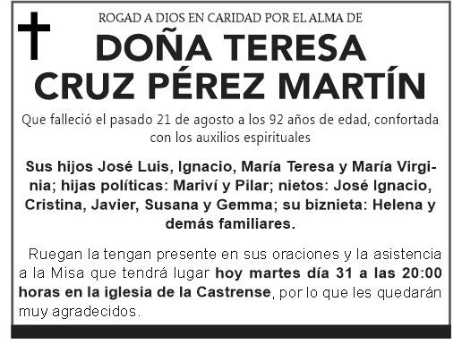 ESQUELA- Doña Teresa Cruz Pérez Martín