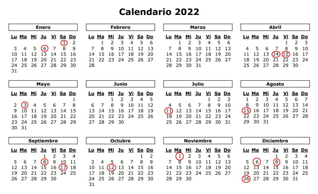 Calendario festivos 2022