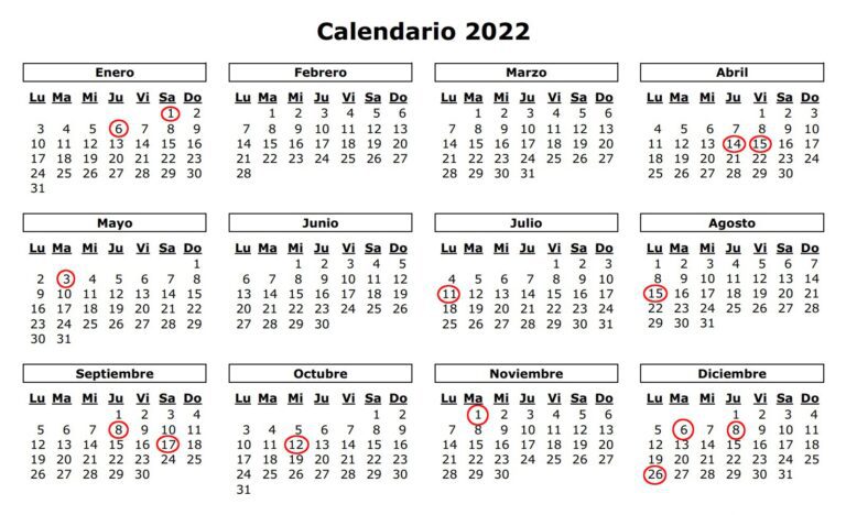 Calendario festivos 2022