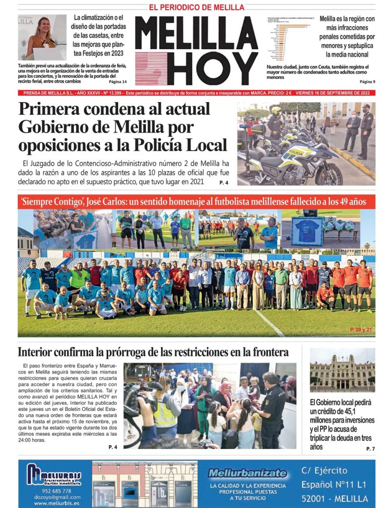 Consulte la portada de MELILLA HOY del viernes 16 de septiembre de 2022 -  MelillaHoy