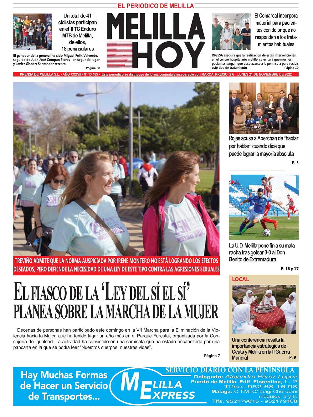 Consulte La Portada De MELILLA HOY Del Lunes 21 De Noviembre De 2022