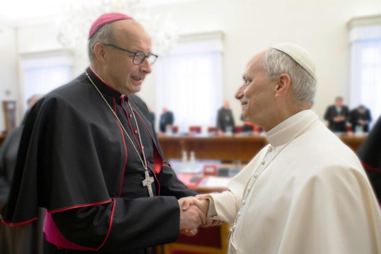 El nuevo obispo de Málaga, José Antonio Satué, saludando al papa León XIV