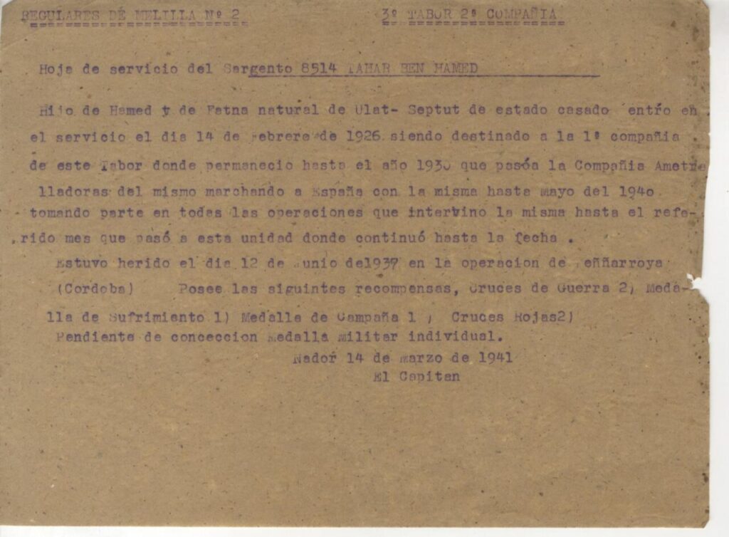 Hoja de servicio del Sargento 8514 Ahar Ben Hamed del Ejército español.