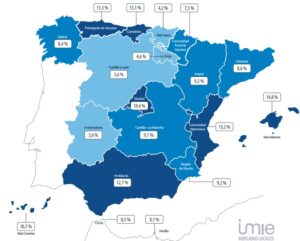 Mapa de España mostrando el encarecimiento de la vivienda por regiones
