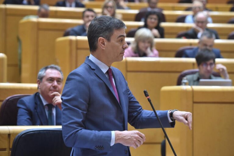 Pedro Sánchez hablando en el Senado durante su comparecencia