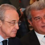 Florentino Pérez y Joan Laporta conversando en un evento