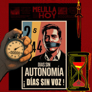 Cartel que denuncia la falta de autonomía en Melilla con un hombre amordazado.