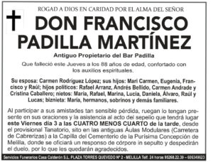 Esquela de Don Francisco Padilla Martínez, antiguo propietario del Bar Padilla.