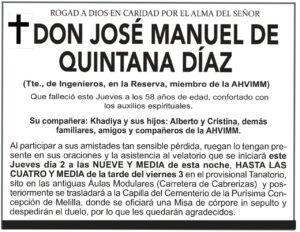 Esquela de Don José Manuel de Quintana Díaz con detalles sobre su fallecimiento.