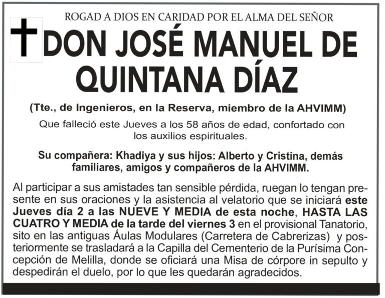 Esquela de Don José Manuel de Quintana Díaz con detalles sobre su fallecimiento.