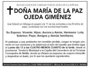 Esquela de Doña María de la Paz Ojeda Giménez fallecida en Málaga