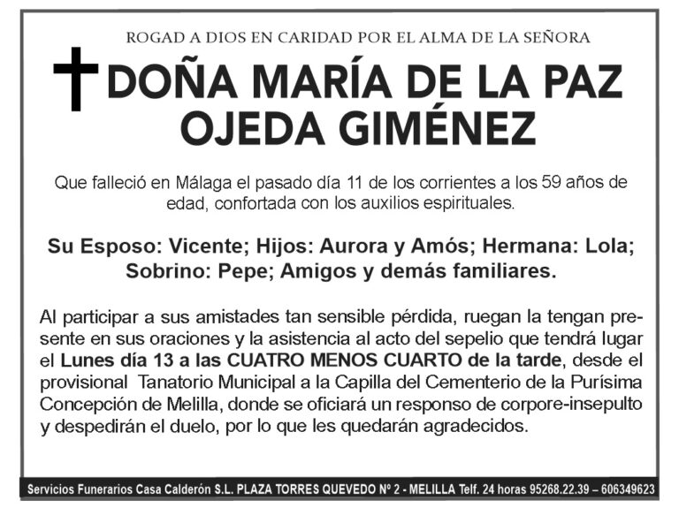 Esquela de Doña María de la Paz Ojeda Giménez fallecida en Málaga
