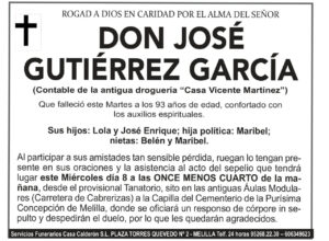Esquela en memoria de Don José Gutiérrez García con detalles sobre su vida.