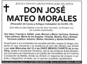 Esquela de Don José Mateo Morales con detalles sobre su fallecimiento